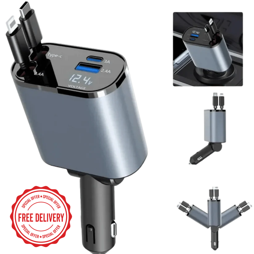4-In-1 Retractable Car Charger Type-C ports