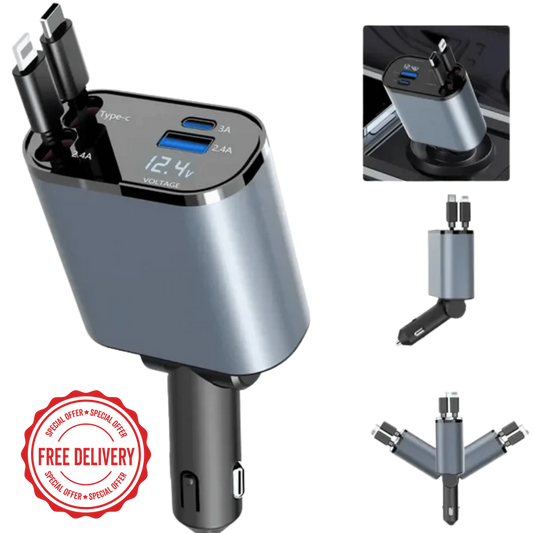 4-In-1 Retractable Car Charger Type-C ports