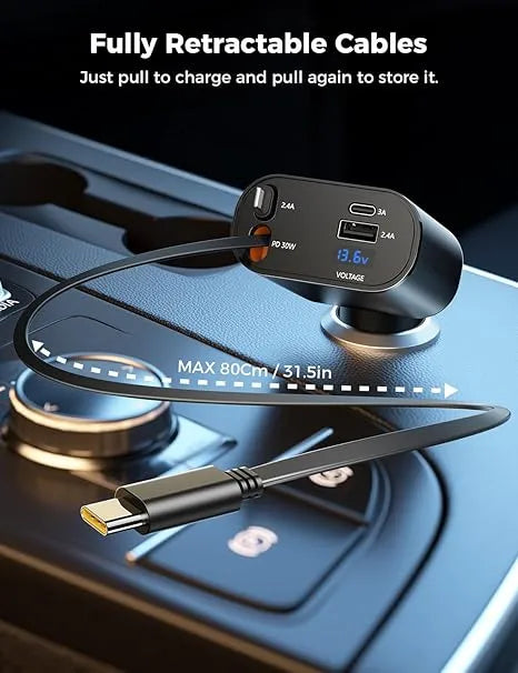 4-In-1 Retractable Car Charger Type-C ports